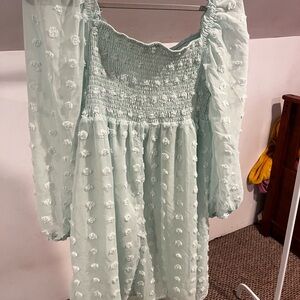 Mint Green Smocked Dress with Floral Details